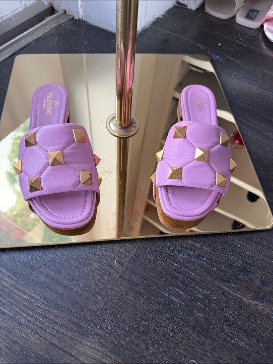 Valentino Shoes - Valentino Lavender Quilted Rockstud Slide Sandal with Gold Studs